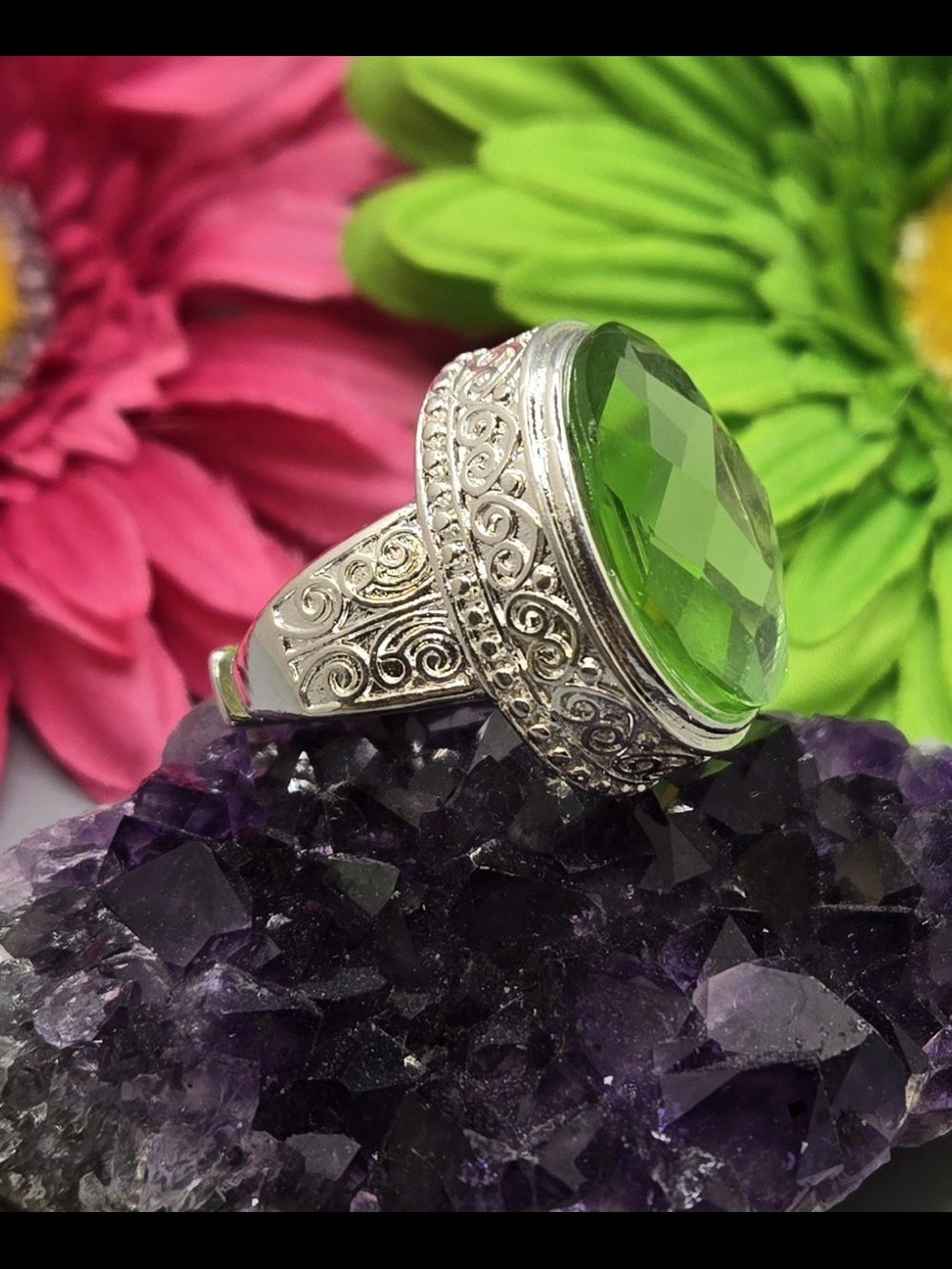 Green Gemstone Statement Ring Faceted Silver Tone Adjustable